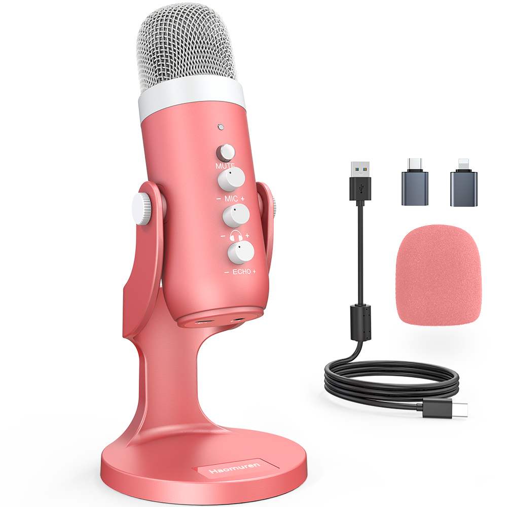 Streaming Mic Condenser - Haomuren Microfono a condensatore USB Rosa